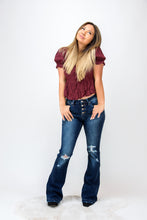 Load image into Gallery viewer, These pair of Fire't Up Kan Cans are the perfect pair of jeans for the girls that like a little sass! With Bootcut "flare" pants coming back, this is the perfect pair! The dark wash is slimming and the distressing give the perfect amount of edge. You won't wanna miss out on these!