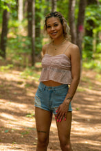 Load image into Gallery viewer, Don't miss out on this Rose Pink, textured dotted, rouched, flowy crop top! Style this top with a pair of black high-rise bootcut jeans, a black boho hat and some chunky black heels for an adorbale boho look with a southern twist!