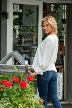 Load image into Gallery viewer, A perfect classic blouse with a southern twist. This top is one you can transition into any season and alway look put together. We like to style this top with some dark wash denim gold jewerly and a pair black heels for a day in the office. Add some more southern charm with a pair of black bootcut jeans and a black hat and you will be ready for your local country concert!