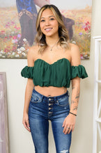 Load image into Gallery viewer, The Perfect Holiday Top is Calling Your Name! Don't Miss Out On Our Drowning Desires Off The Shoulder Chiffon Crop Top! Pair The Staple with Some Black Faux Leather Pants For The Perfect Flirty but Edgy Look!