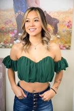 Load image into Gallery viewer, The Perfect Holiday Top is Calling Your Name! Don't Miss Out On Our Drowning Desires Off The Shoulder Chiffon Crop Top! Pair The Staple with Some Black Faux Leather Pants For The Perfect Flirty but Edgy Look!