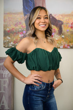 Load image into Gallery viewer, The Perfect Holiday Top is Calling Your Name! Don't Miss Out On Our Drowning Desires Off The Shoulder Chiffon Crop Top! Pair The Staple with Some Black Faux Leather Pants For The Perfect Flirty but Edgy Look!