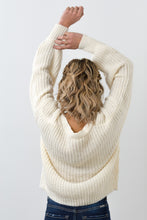 Load image into Gallery viewer, This open knit button down off-white sweater is so unique and perfect for any ocassion! Wear it like our model Melody as a top, or unbutton the sweater and use it as a layering piece to keep you warm this winter. The styling options are truly endless!