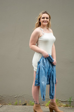 Load image into Gallery viewer, Our Caught in Motion Ribbed Tank Dress is the Perfect dress for a day running errands! We decided to pair this dress with a denim jacket, white sneakers and some gold accessories for a casual day look. The fabric is so soft, and the length is just right! With its adjustable tied straps and stretchy fabric, this dress will be perfect for any body type!