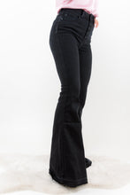 Load image into Gallery viewer, The Trouble Maker Kan Cans are the Perfect Pair of Black denim every girl's closet needs! With its flattering high rise cut, and flare leg you are sure to look stunning wherever you go!