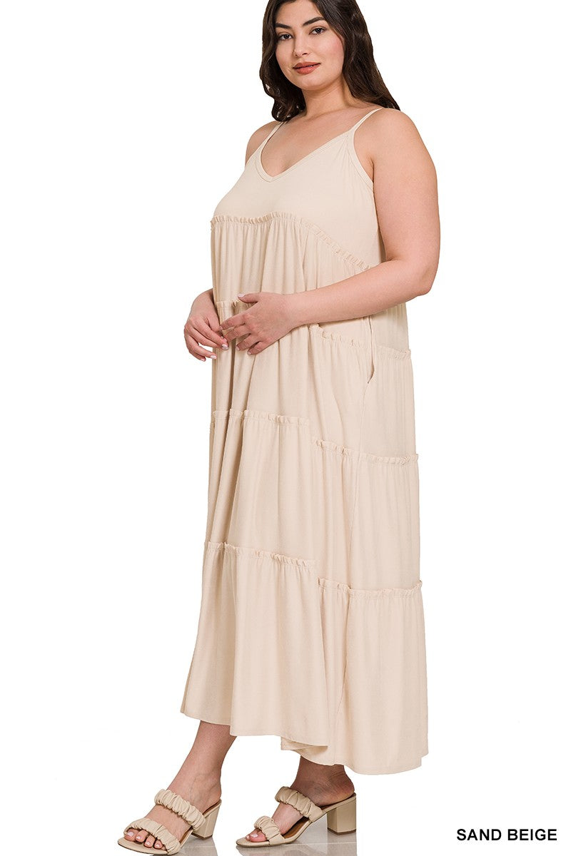 Dancing In The Desert V-Neck Cami Maxi Tiered Dress (Sand Beige)