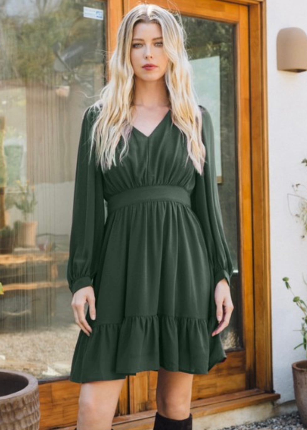 She Said Yes V-Neck Mini Dress With Balloon Sleeve (Olive Green) Olive Green / 3X She Said Yes V-Neck Mini Dress With Balloon Sleeve (Olive Green) Olive Green / 3X
