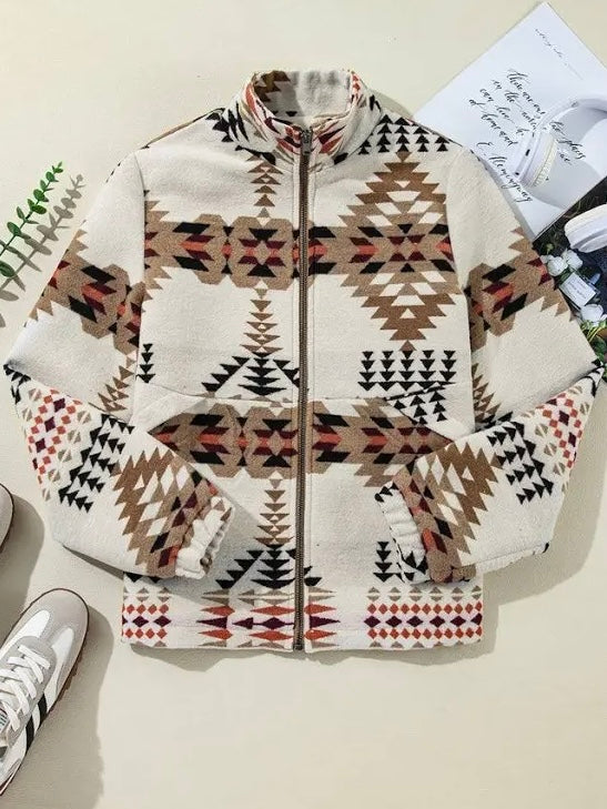 Southwest Snuggle Aztec Printed Zip Up Jacket (Beige)