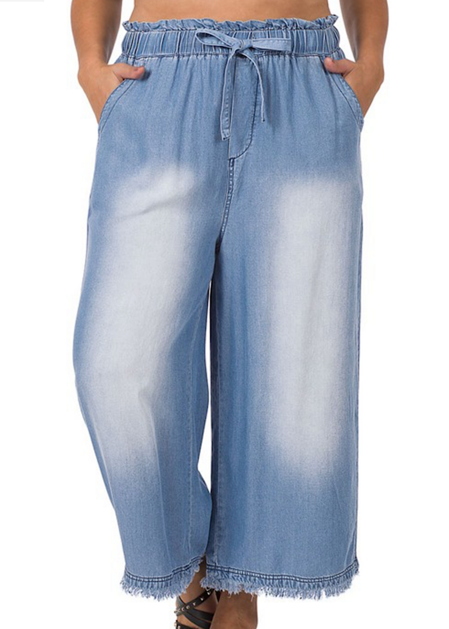 Final Conclusion Chambray Paper Bag Waist Wide Leg Pant (Medium Wash)
