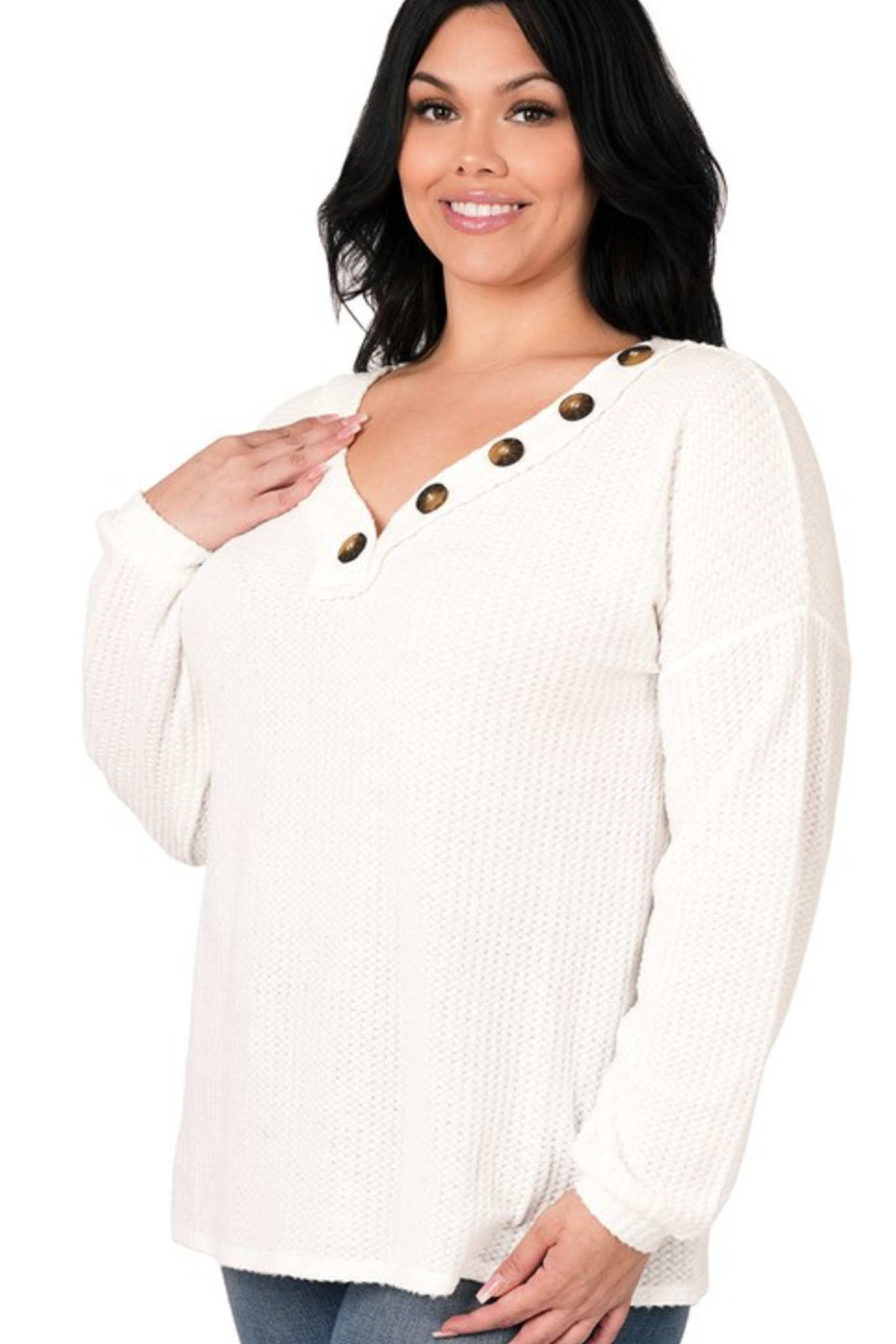 Our Half of My Heart Sweater Top is the perfect light weight sweater to have for any transitional season. The neutral color, makes this top easy to style with anything. The options are truly endless with our Half of My Heart Long Sleeve Waffle Knit Sweater Top!