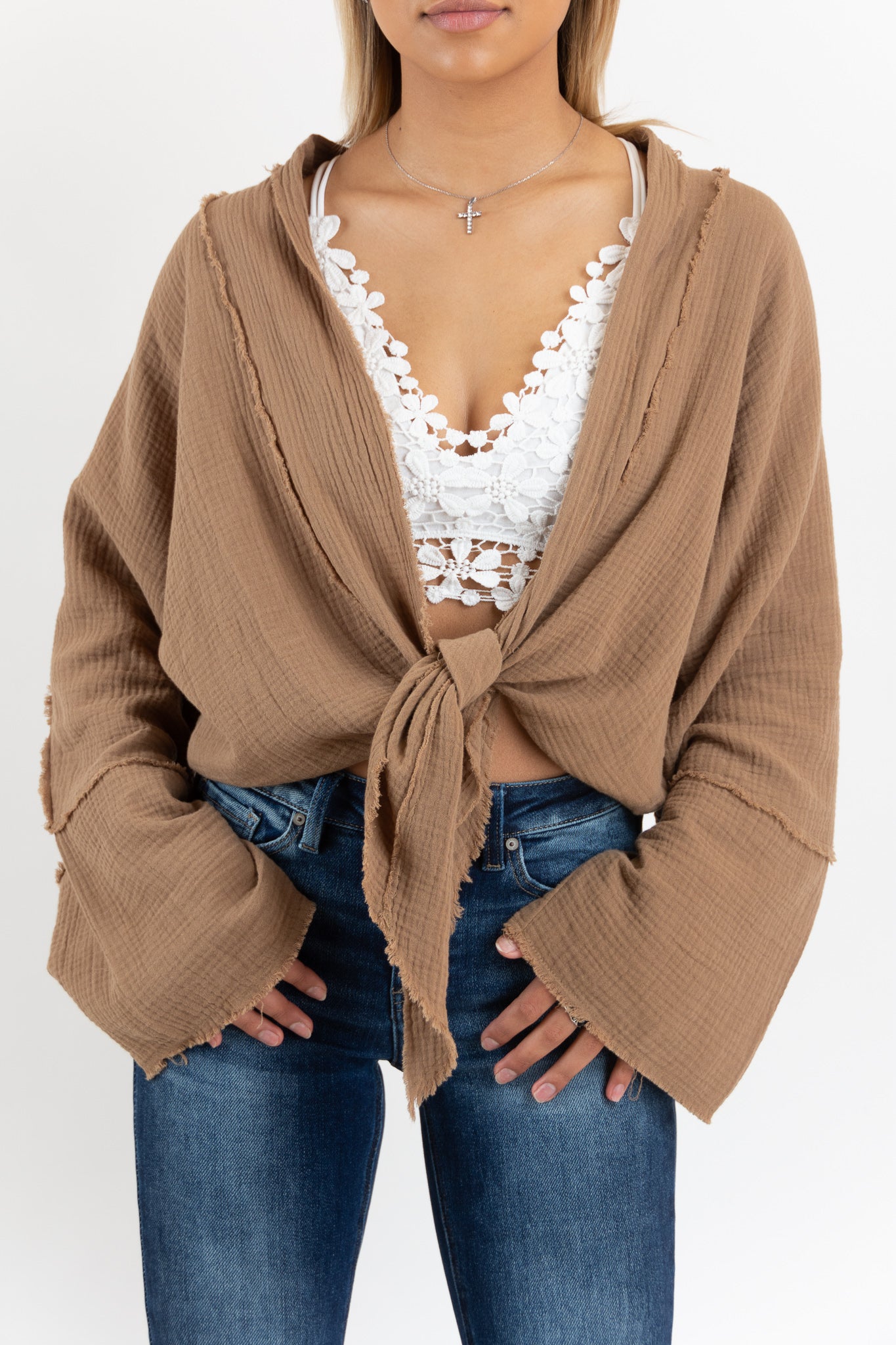 Mornings In The Hamptons Tie Front Top (Taupe)