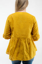 Load image into Gallery viewer, The Crochet Cut Out Mustard colored blouse will add the perfect pop of color to your Spring/Summer wardrobe! We think this top with some cutoff denim shorts and white booties will make the perfect casual girl outfit!
