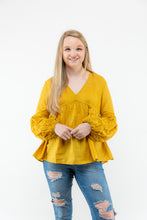 Load image into Gallery viewer, The Crochet Cut Out Mustard colored blouse will add the perfect pop of color to your Spring/Summer wardrobe! We think this top with some cutoff denim shorts and white booties will make the perfect casual girl outfit!
