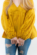 Load image into Gallery viewer, The Crochet Cut Out Mustard colored blouse will add the perfect pop of color to your Spring/Summer wardrobe! We think this top with some cutoff denim shorts and white booties will make the perfect casual girl outfit!
