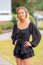 Load image into Gallery viewer, She&#39;s Unstoppable Tiered Tie-Waist Long Sleeve Romper (Black)
