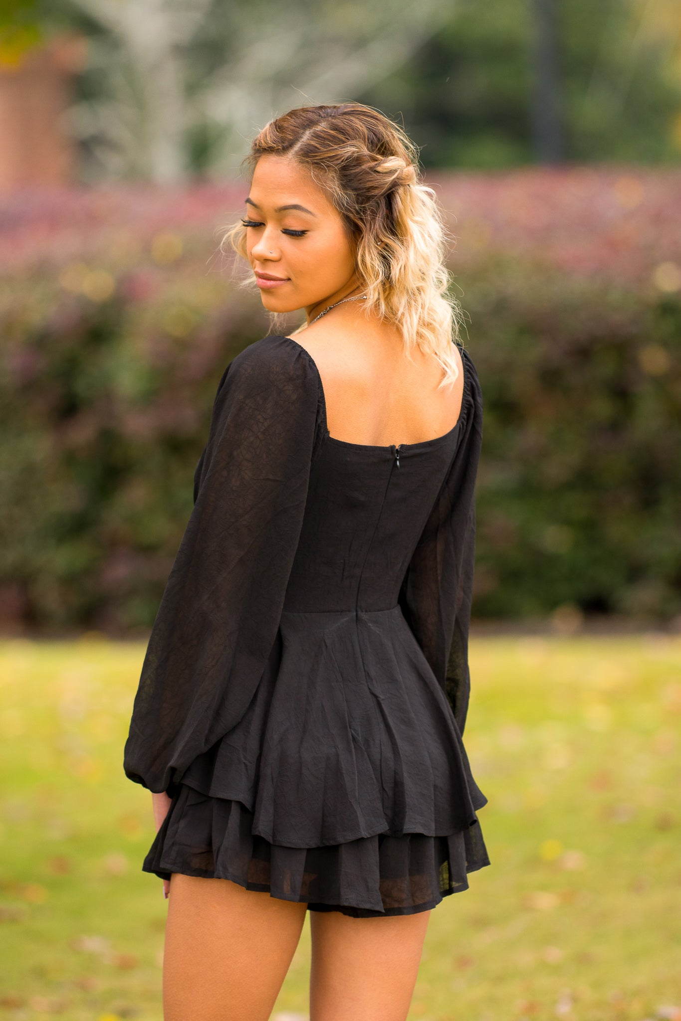 She's Unstoppable Tiered Tie-Waist Long Sleeve Romper (Black)
