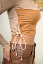 Load image into Gallery viewer, Check My Vibes Ruched Long Sleeve Crop Top (Beige/Camel)

