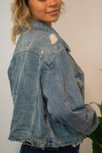 Load image into Gallery viewer, You will fall head over heels for our &#39;Daring Desires&#39; distressed denim jacket! Complete any fall look with our oversized jacket that is sure to keep you warm and stylish! You won&#39;t want to miss out on this closet staple piece! 
