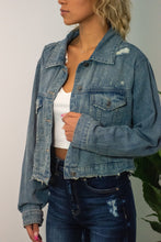 Load image into Gallery viewer, You will fall head over heels for our &#39;Daring Desires&#39; distressed denim jacket! Complete any fall look with our oversized jacket that is sure to keep you warm and stylish! You won&#39;t want to miss out on this closet staple piece! 
