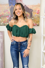 Load image into Gallery viewer, The Perfect Holiday Top is Calling Your Name! Don&#39;t Miss Out On Our Drowning Desires Off The Shoulder Chiffon Crop Top! Pair The Staple with Some Black Faux Leather Pants For The Perfect Flirty but Edgy Look!
