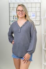 Load image into Gallery viewer, Our Half of My Heart Sweater Top is the perfect light weight sweater to have for any transitional season. The neutral color, makes this top easy to style with anything. The options are truly endless with our Half of My Heart Long Sleeve Waffle Knit Sweater Top!
