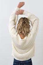 Load image into Gallery viewer, This open knit button down off-white sweater is so unique and perfect for any ocassion! Wear it like our model Melody as a top, or unbutton the sweater and use it as a layering piece to keep you warm this winter. The styling options are truly endless!
