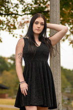 Load image into Gallery viewer, The perfect holiday dress for any ocassion. You will be sure to fall in love with its metalic details, A-line cut, and stretchy fabric! Look cute and feel comfortable in our Picutre Perfect Dress! 
