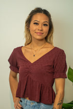 Load image into Gallery viewer, You&#39;re sure to love this wine colored baby doll top! There are so many dainty details to love! Match this top with a pair of black skinny jeans and black booties for an edgy look that is sure to turn heads!
