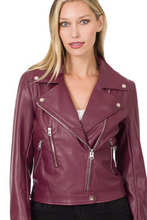 Load image into Gallery viewer, What&#39;s not to love about a Vegan Leather Moto Jacket! This gorgeous Color and the zipper details make our Addicted to Danger the Ultimate Statement Piece!
