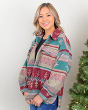 Load image into Gallery viewer, If Boho and Western Could Create a Perfect Combination, Our Aztec Nights Shacket would give all the Vibes! With its Thick Material to keep you warm those winter nights and multi-colored print, we are sure this piece will become your new closet winter staple! 
