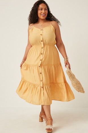 Savoring Summer Button Down Ruffle Tiered Midi Dress (Mustard)