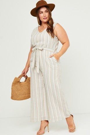 Where Conservative meets Cute! Our Lasting Impressions Jumpsuit Features a slimming Multi-Colored vertical Striped Pattern, double lined breathable linen fabric, and POCKETS! This Piece is Sure to be a staple in your closet for any transitional season!