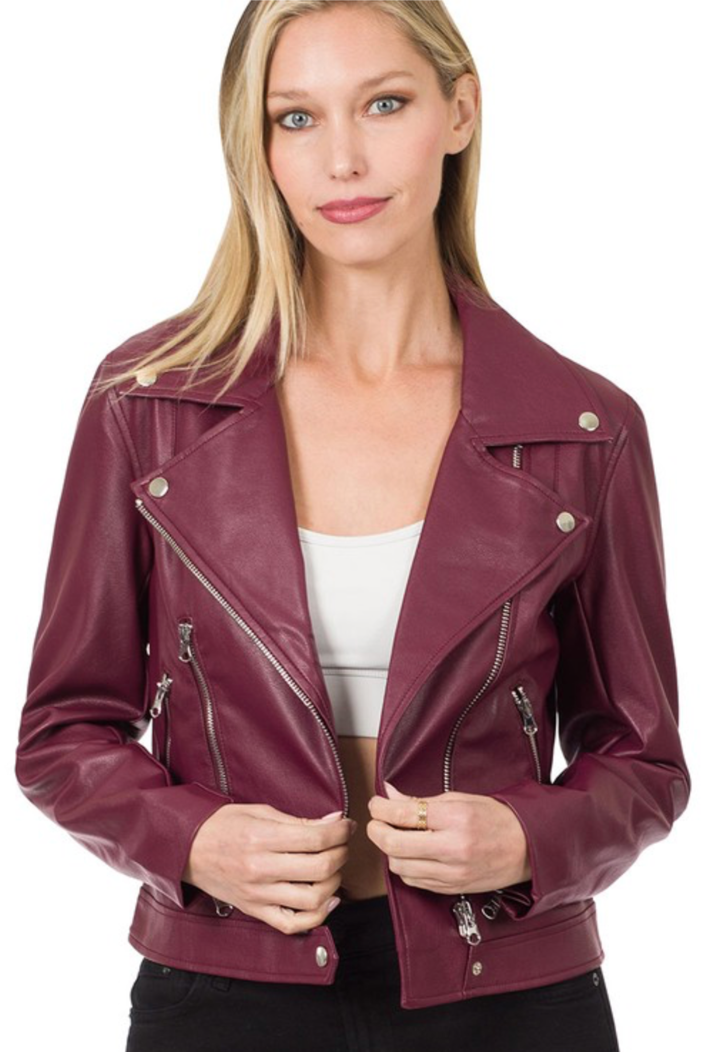 What's not to love about a Vegan Leather Moto Jacket! This gorgeous Color and the zipper details make our Addicted to Danger the Ultimate Statement Piece!