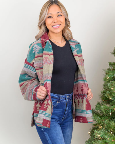 If Boho and Western Could Create a Perfect Combination, Our Aztec Nights Shacket would give all the Vibes! With its Thick Material to keep you warm those winter nights and multi-colored print, we are sure this piece will become your new closet winter staple! 