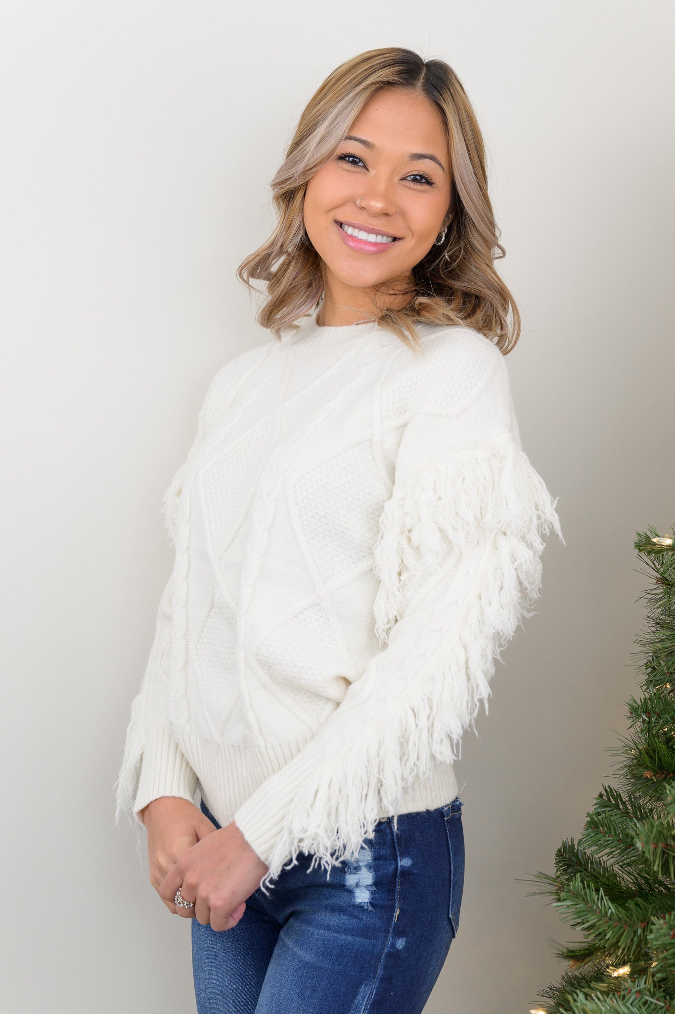 Somewhere South Cable Knit Fringed Sleeve Sweater (Ivory)