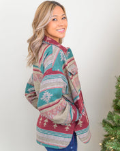 Load image into Gallery viewer, If Boho and Western Could Create a Perfect Combination, Our Aztec Nights Shacket would give all the Vibes! With its Thick Material to keep you warm those winter nights and multi-colored print, we are sure this piece will become your new closet winter staple! 
