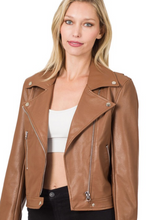 Load image into Gallery viewer, What&#39;s not to love about a Vegan Leather Moto Jacket! This gorgeous Color and the zipper details make our Addicted to Danger the Ultimate Statement Piece!
